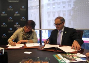 María Luisa Fernández, directora del área de Negocio de La Caixa, y José Soto, presidente de ALCER Giralda, firman el convenio de colaboración