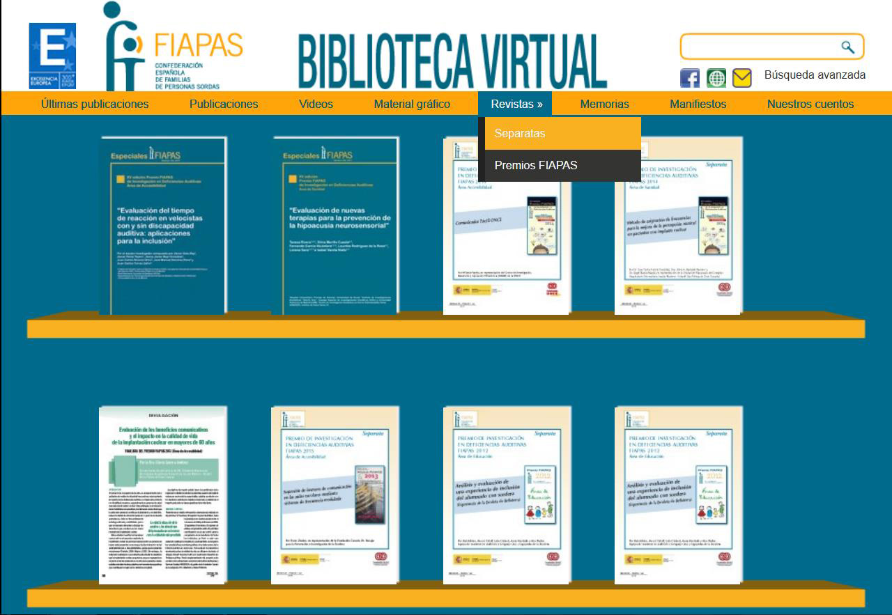 Imagen de la sección de los Premios FIAPAS de la Biblioteca Virtual de la entidad en la que se pueden ver las portadas de los ocho últimos trabajos premiados o finallistas