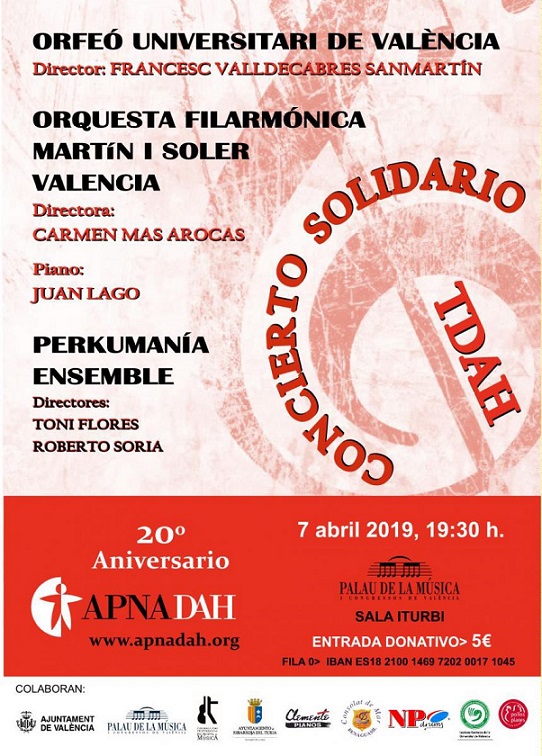 Concierto benéfico por el XX aniversario de APNADAH, el 7 de abril en Valencia